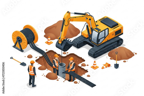 Isometric Vector Illustration of Workers Installing Underground Power Cables with Excavator at Construction Site

