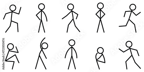 Stickman activity poses with running, walking, stretching, jumping, and exercising movements showing health, fitness, and active lifestyle