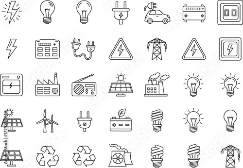 Electricity icon set, energy symbols, solar panel, wind turbine, battery, power plant, plug, lightning bolt, recycle, infrastructure, electric vehicle, 