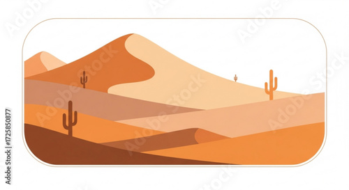 Minimalist illustration of a desert landscape, featuring sand dunes and cacti in warm, earthy tones, simple and serene