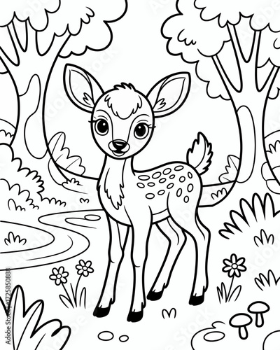 A charming fawn stands peacefully amidst trees and floral surroundings