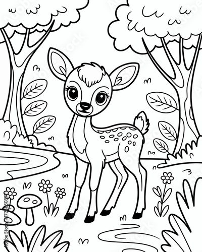 A cute baby deer stands in a forest clearing ready to color