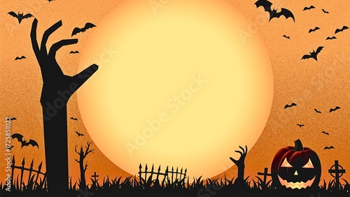 Fotografía Halloween night spooky scene scary zombie hand bats moon pumpkin graveyard fence