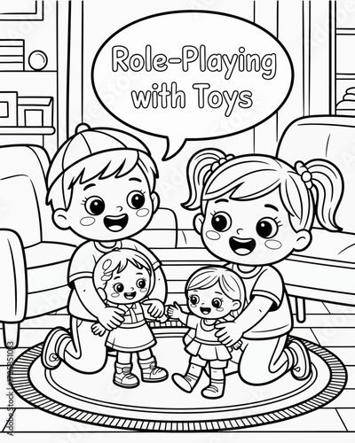 Children engaging in imaginative role playing with dolls and toys indoors