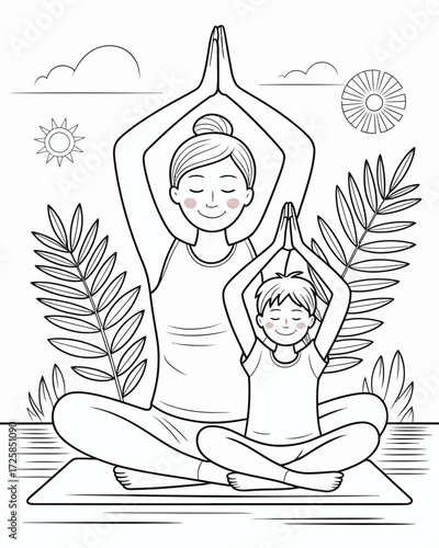 Mother and child practicing yoga together in a peaceful outdoor setting