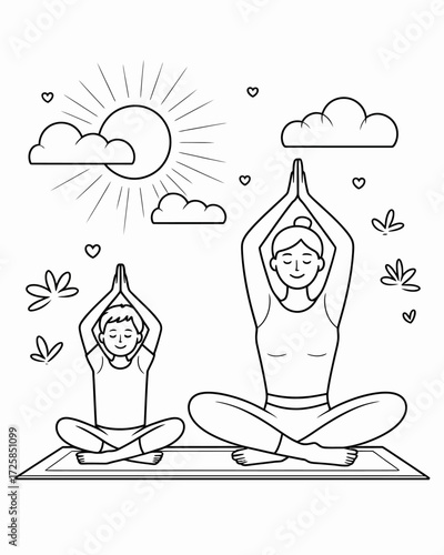 Mother and child practicing yoga outdoors under the shining sun
