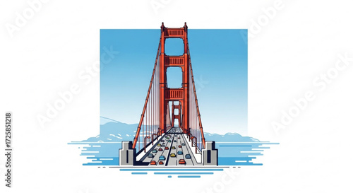 Golden gate bridge illustration with cars crossing the bridge san francisco landmark in cartoon style design