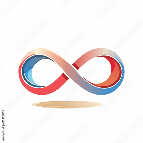 A modern, stylized infinity symbol featuring a vibrant red, orange, and blue gradient, casting a soft shadow on a white background.