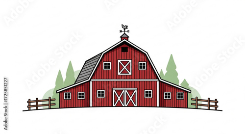 Illustration of a classic red barn, surrounded by trees and a fence in a vector style drawing of farm life