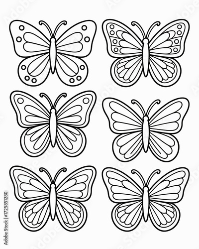 Charming black and white illustration featuring six detailed butterfly outlines