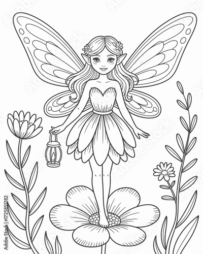 Adorable fairy holding a lantern amidst flowers a delightful coloring page