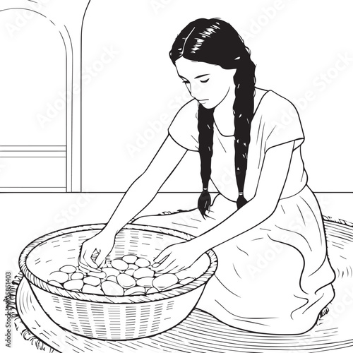 Young woman with braided hair working with food in a large bowl a simple line art depiction