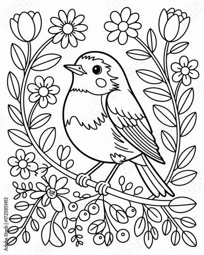 A charming bird perched among floral branches in an outlined drawing