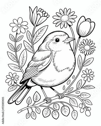 A charming bird perched amongst delicate flowers and foliage illustration