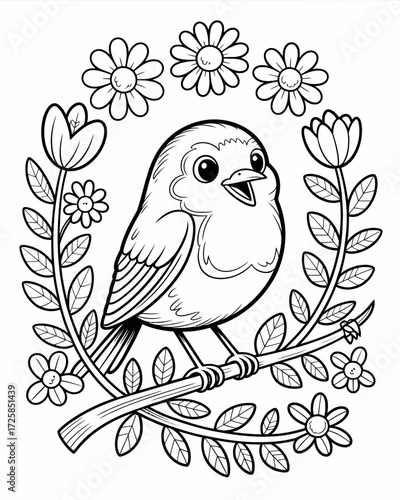 A charming bird perched on a branch surrounded by delicate flowers