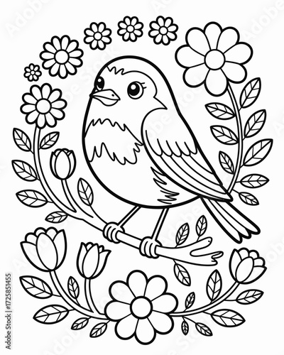 Charming bird perched on a branch surrounded by delicate floral designs