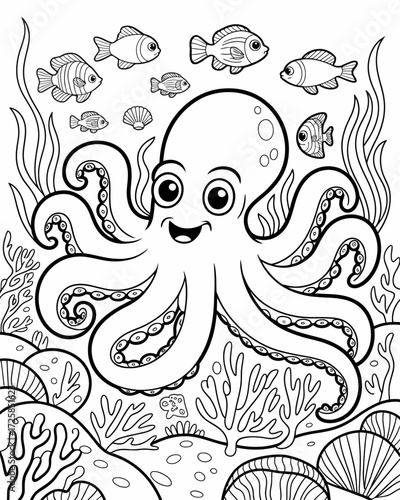 Charming octopus surrounded by playful fish and colorful underwater plants