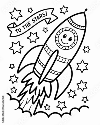 A cheerful rocket ship blasting off towards the twinkling stars