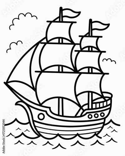 Simple black and white illustration of a vintage sailing ship at sea