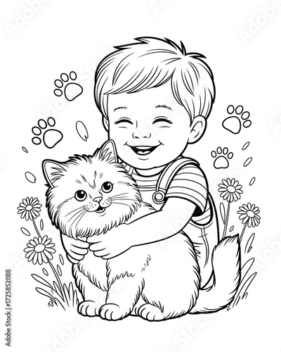 A happy young boy lovingly hugs a fluffy kitten among flowers