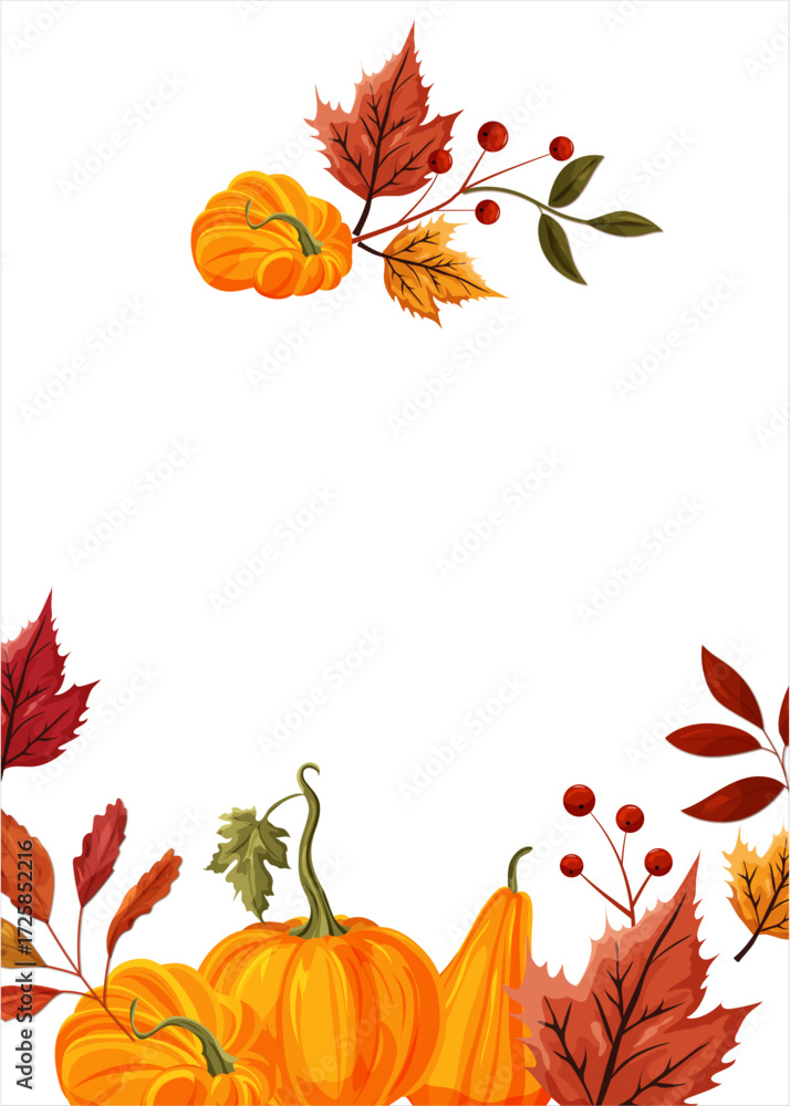 Fototapeta premium Autumn frame featuring elements of fall: mushrooms, acorns, leaves, and pumpkins on a white background. Perfect for seasonal designs