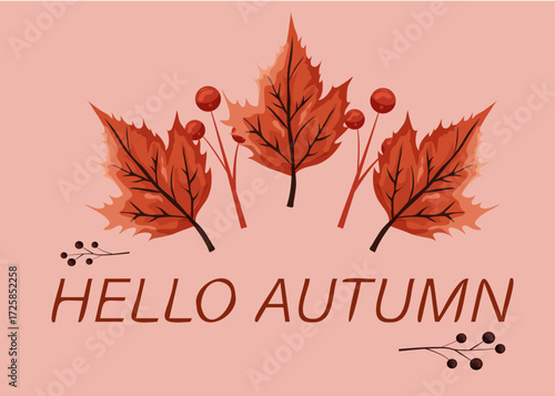 Colorful autumn leaves with 'Hello Autumn' text on a pink pastel background, cozy fall vector illustration.