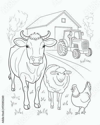 A peaceful farm scene depicting a cow sheep chicken and tractor