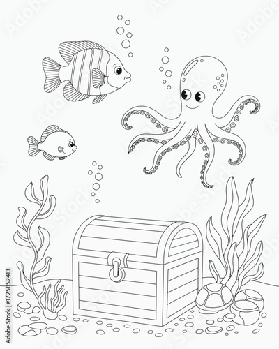 An underwater scene with an octopus fish treasure chest and plants