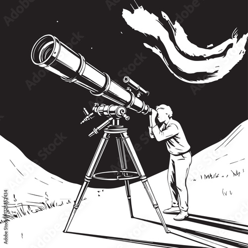 Silhouette of astronomer observing the night sky through a powerful telescope