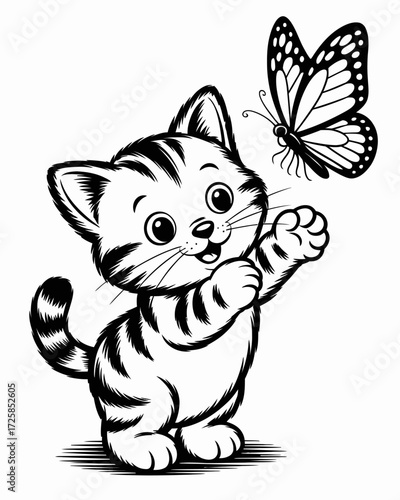 A playful kitten curiously reaching for a beautiful patterned butterfly