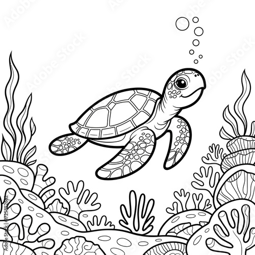 A charming sea turtle swims peacefully amidst coral and aquatic plants