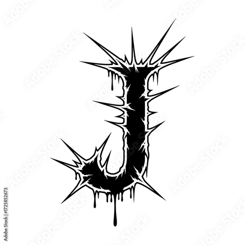 Letter J with spikes and dripping ink, black and white design.