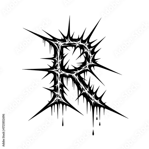 A black and white graphic illustration of the letter R, stylized with sharp spikes and dripping liquid.