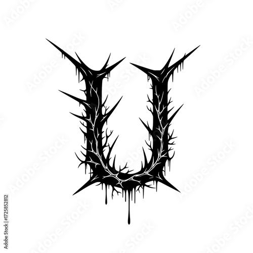 Black and white stylized letter U with thorns and dripping blood.