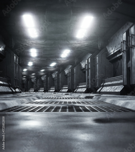 3D rendering of a detailed dark and scary spacecraft corridor with unique style