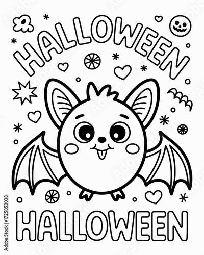 Cute halloween bat with decorative elements a coloring page illustration