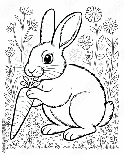 A charming black and white illustration of a rabbit eating a carrot