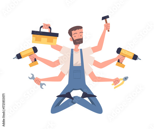 Multitasking Man Handyman Character with Many Hands Vector Illustration