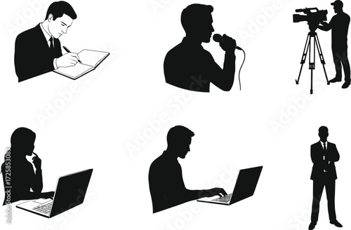 Journalist writing notes, reporter speaking microphone, cameraman filming, businesswoman working laptop, businessman typing, office worker thinking, professional manager standing confident pose