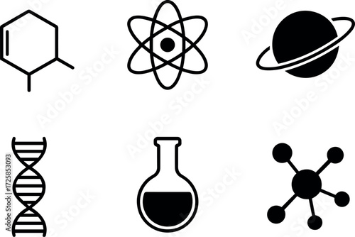 Collection of science icons, including molecule, atom, planet, dna, flask, and molecular structure isolated on transparent background