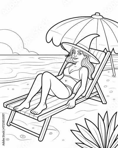 Woman relaxing on a beach chair under a parasol coloring page