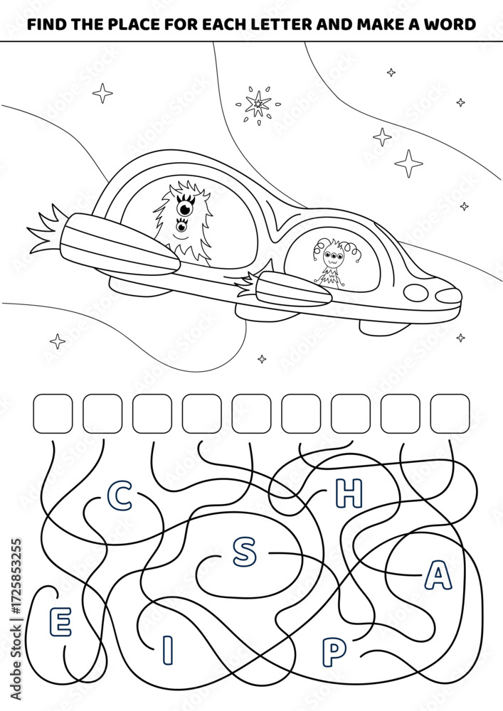 Fototapeta premium Spaceship. Black and white. Find the place for each letter and make a word. Maze, labyrinth. Isolated vector illustration eps 10