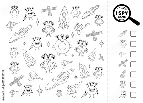 I spy game for kids with rocket, satellite, space, alien. Black and white. Search and count how many. Math game. Isolated vector illustration eps 10
