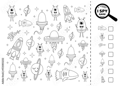 I spy game for kids with planet, flying saucer, space, alien. Black and white. Search and count how many. Math game. Isolated vector illustration eps 10