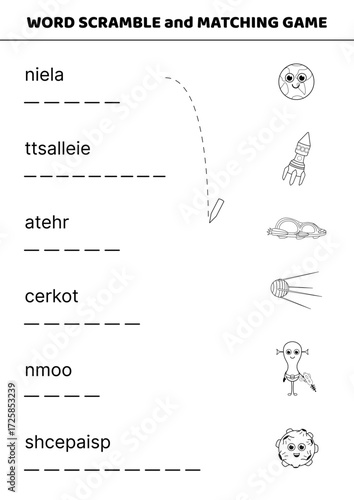Word scramble and matching game with. Ufo, space, rocket. Space objects. Black and white. English words. Sort letters into correct order. Cartoon, Isolated vector illustration eps 10