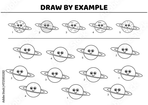 Planet. Draw by example. Black and white. Visual perception game for kids. Isolated vector illustration eps 10