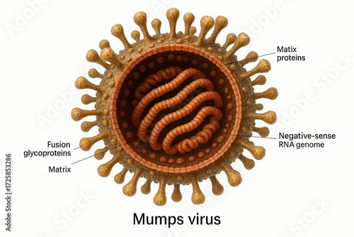 Detailed illustration of the Mumps virus, with labels.