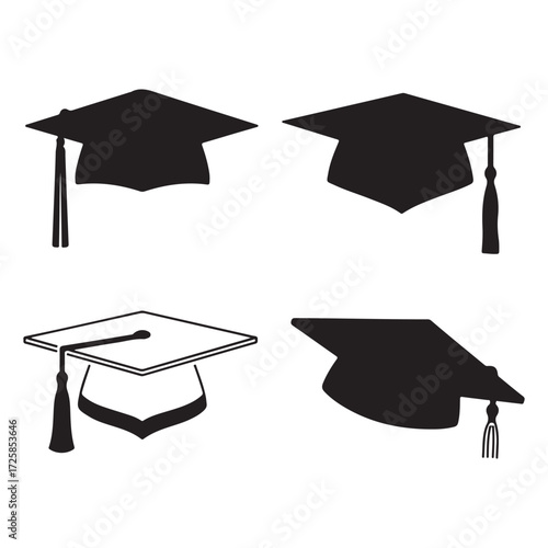 Vector art of collection of four academic graduation caps in silhouette