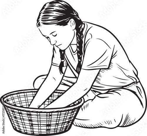 Young girl with braided hair washing hands in a woven basket thoughtful expression outdoor scene