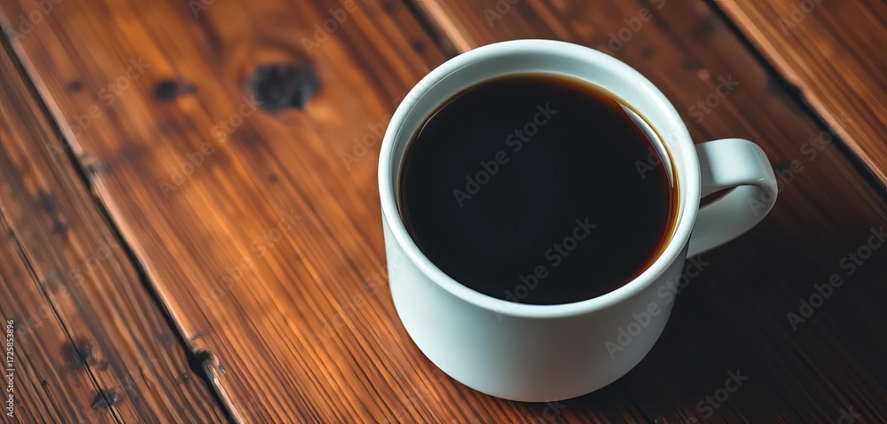 Obraz premium Close-up of a stark white mug filled with dark, rich coffee resting on warm, rustic wood, minimalism, texture